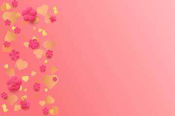 Naklejka premium Walentynki tło. Różowe kwiaty i złote serca