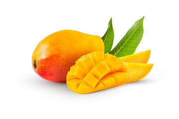 Beautiful juicy mango with sliced parts isolated on white background