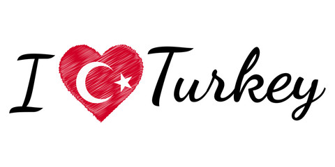 I love country Turkey turkish, text heart Doodle, vector calligraphic text, I love Turkey turkish flag heart patriot