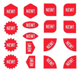 New sticker set. Red promotion labels.  Modern vector flat style illustration isolated on white background. Red promotion labels for new arrivals shop section.