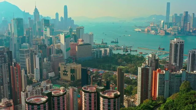 Drone aerial of Hong Kong Island, circling Tai Hang, library and Victoria Park