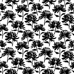 Fototapeta na wymiar Seamless pattern with silhouette flowers. Vector ink illustration.