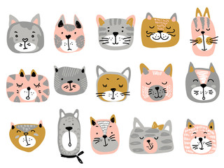 Fototapeta premium Vector collection of colorful cat faces. Funny illustration for children