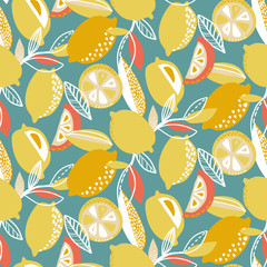 Vector seamless pattern with yellow lemons, branches, absdtact textures