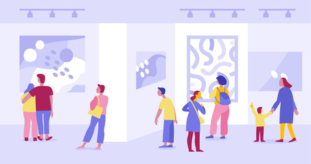 Vector illustration in flat simple style with characters - people visiting modern art gallery