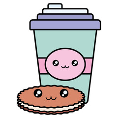plastic cup container and cookies kawaii characters
