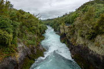 Fototapeta na wymiar Waikato river flowing through Huka Falls canyon, Taupo, New Zealand