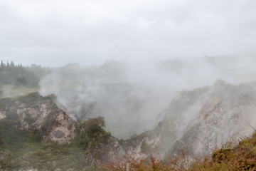 Steam covering thermal landscape of Taupo New Zealand