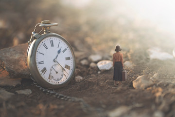 surreal image of a giant clock and a small business traveler woman