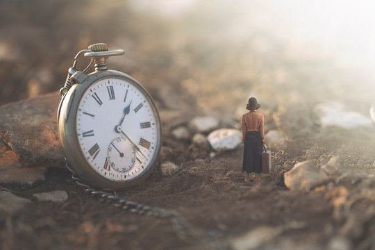 Surreal Image Of A Giant Clock And A Small Business Traveler Woman