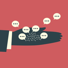 The human hand feeds the messaging icons as birds with B, L, A, H letters. Chatting concept illustration.