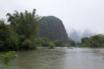 Karst mountains and limestone peaks of Yulong River, Yangshuo, Guilin, China,