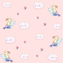 ImpriDigital Paper Bunny Print Flying Over a Little Bird Painted by Hand with Watercolors Digital Paper Seamless Patterns Nursery Printsmir