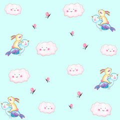 ImpriDigital Paper Bunny Print Flying Over a Little Bird Painted by Hand with Watercolors Digital Paper Seamless Patterns Nursery Printsmir