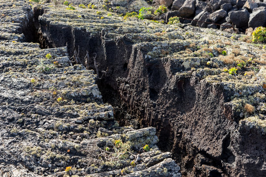 Large crack in the lava earth. Lanzarote. Canary Islands. Spain