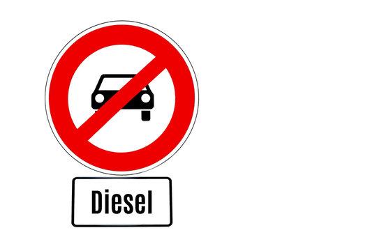 Rundes Verbotsschild mit Auto als Symbol und Diesel als Beschriftung