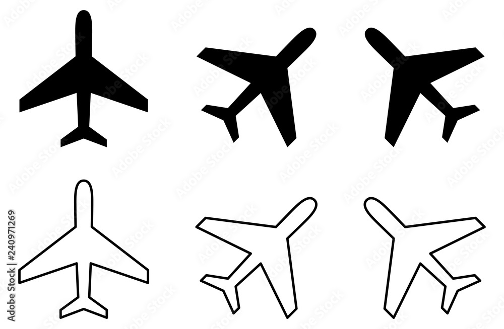 Sticker simple airplane icon. filled, stroke and rotated version