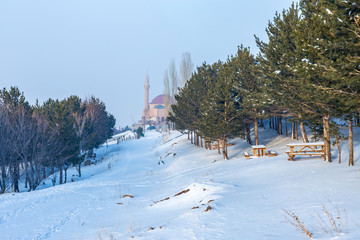 At Abdurrahman mosque in Erzurum, Turkey - December 23, 2018 : Prophets companion Adburrahman gazi mosque and tomb from forest in Erzurum, Turkey