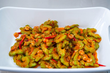 Home made Indonesian food spicy bitter gourd stir fry