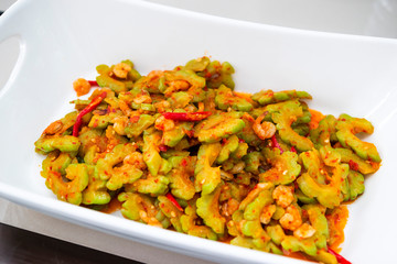 Home made Indonesian food spicy bitter gourd stir fry