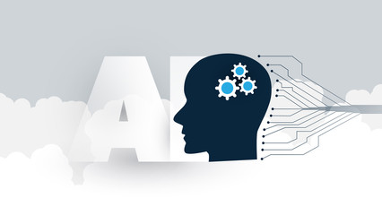 Modern Style Cloud Computing, Global AI Assistance, Automated Support, Digital Aid, Deep Learning and Future Technology Concept Design with Clouds and Human Head - Vector Illustration 