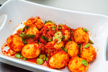 Indonesian food telur balado with pete