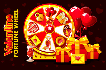 Cartoon St. Valentine lucky roulette, spinning fortune wheel. Holiday icons and symbols. Game assets