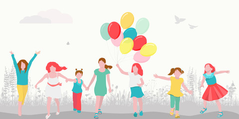 Fototapeta premium A group of children run through the grass with balloons. Vector illustration in flat style. Concept summer, birthday, joy.