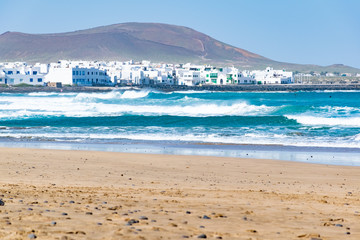 Famara Beach, popular surfing beach in Lanzarote, Canary Islands, Spain