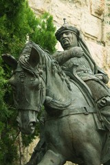 Bronze monument to Richard the Lionheart and Saladin in Jerusalem. History of the Crusades.