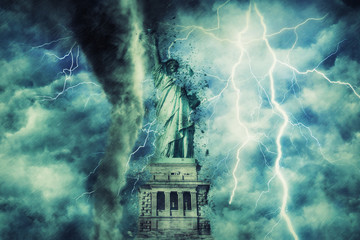 statue of liberty during the heavy storm, rain and lighting in New York, creative picture © batuhan toker