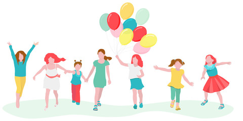 Fototapeta premium A group of children run through the grass with balloons. Vector illustration in flat style isolated on white background. Concept summer, birthday, joy.