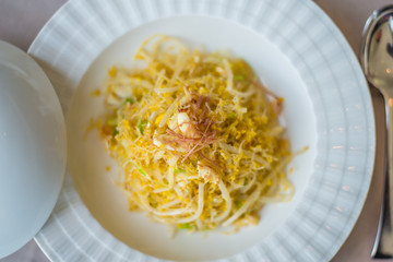 Scrambled eggs with vermiceli and crabmeat