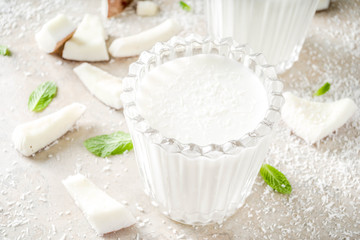 Vegan food and drinks. coconut milk, milkshake cocktail, with coconut chips, light stone concrete background copy space