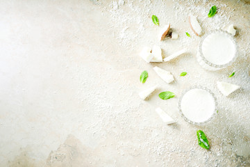 Vegan food and drinks. coconut milk, milkshake cocktail, with coconut chips, light stone concrete background copy space