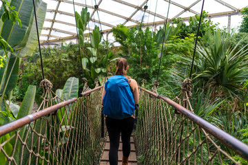 Girl with a backpack walking over a suspension bridge in the jungle