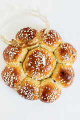 King Cake or King Bread, called in German language Dreikönigskuchen, baked in Switzerland on January 6th,. Small plastic figure is hidden inside. The person, who finds it, is the king of the day