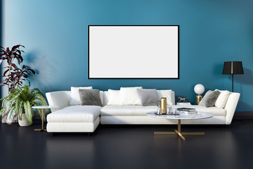 Modern bright interiors with mock up poster frame illustration 3D rendering computer generated image