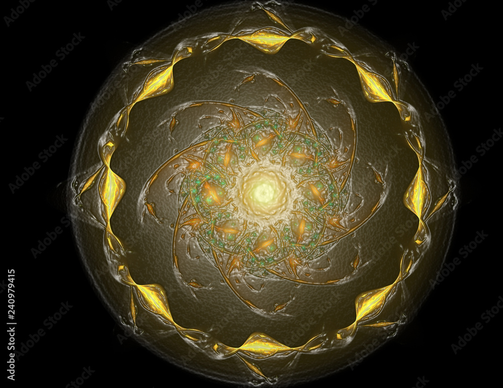 Poster an abstract computer generated modern fractal design on dark background. abstract fractal color text