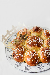 King Cake or King Bread, called in German language Dreikönigskuchen, baked in Switzerland on January 6th,. Small plastic figure is hidden inside. The person, who finds it, is the king of the day