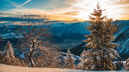 Beautiful alpine winter sunrise at the Rossfeldstrasse-Berchtesgaden-Bavaria-Germany