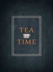 Tea Time written on a blackboard with a blue background