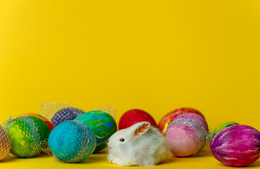 colorful, hand-painted, pastel Easter eggs on a bright, yellow, spring background