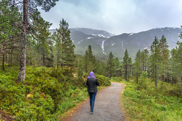 Woman walking lonely in a Norway trail in a fog cloud day
