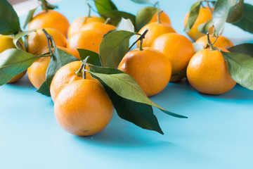 Fresh whole mandarins with leaves on blue. Healthy vegan and eating concept.
