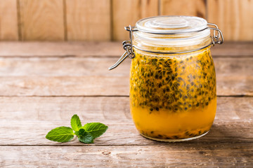 Passion fruit drinks. Homemade passion fruit in a glass jar 