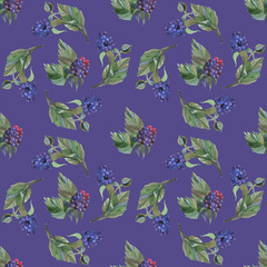Floral pattern in watercolor style. Beautiful seamless pattern with blackberries, flowers and gentian. Can be used as a background template for Wallpaper, printing on fabrics.