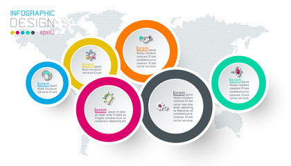 Circle label infographic with step by steps.