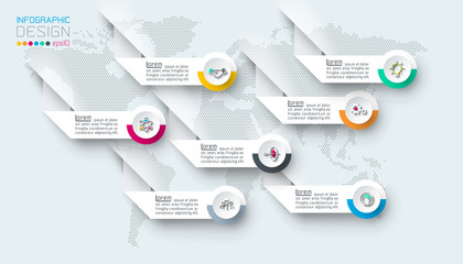 Seven labels with business icon infographics.