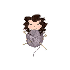 Brunette Girl Knits Isolated On A White Background Hand Drawn Illustration